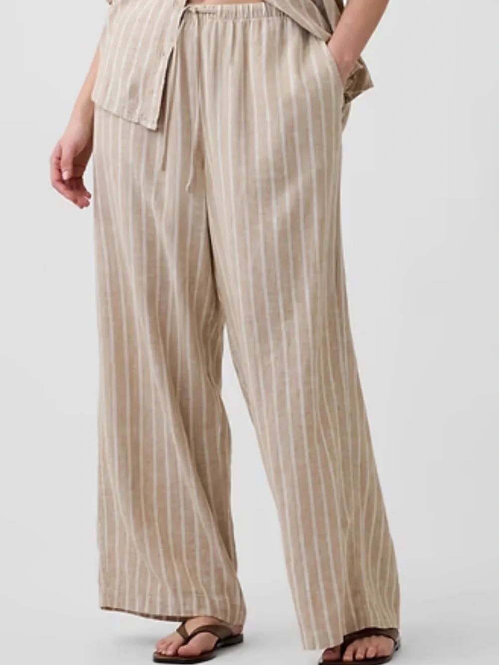 Gap Linen Blend Beige Stripe Wide Leg Pants Size L Coastal Resortwear Lagenlook